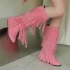 Plus Size Frosted Suede Material Three Sections Of Tassels Fine Stripes Flat Bottomed Sloping Heels Retro Midsole Boots