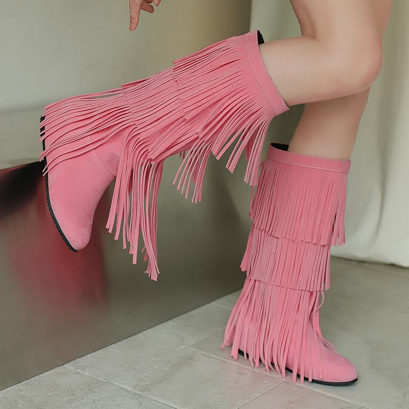Plus Size Frosted Suede Material Three Sections Of Tassels Fine Stripes Flat Bottomed Sloping Heels Retro Midsole Boots