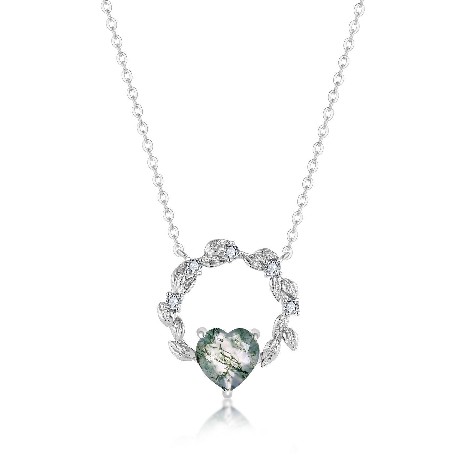 S925 Silver Green Moss Agate Heart Wreath Necklace for Women S925 Silver