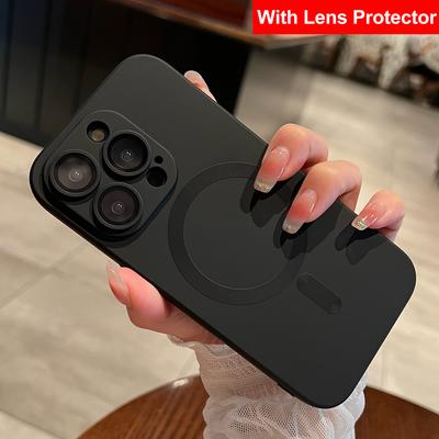 Luxury Magnetic Wireless Charge For Magsafe Case for iPhone 15 14 13 12 11 Pro Max Plus Soft Silicone Glass Lens Protector Cover