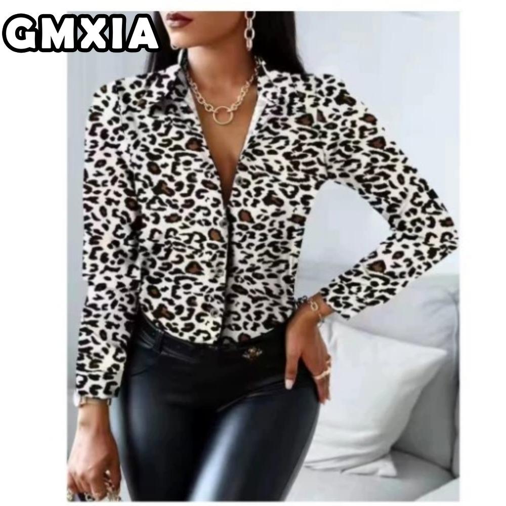 GMXIA Damenmode Lässig Freizeit Einfarbig Druck Langarm POLO Kragen Blusen & Hemden