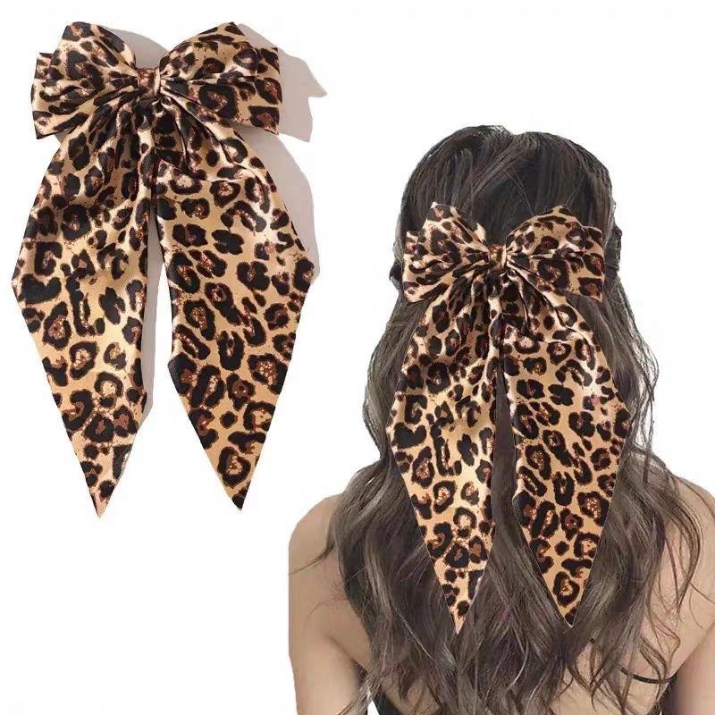 Vintage Leopard Print Bowknot Hairpin Long Ribbon Back Head Spring Clip Ponytail Headwear for Women Elegant Versatile Hairpin