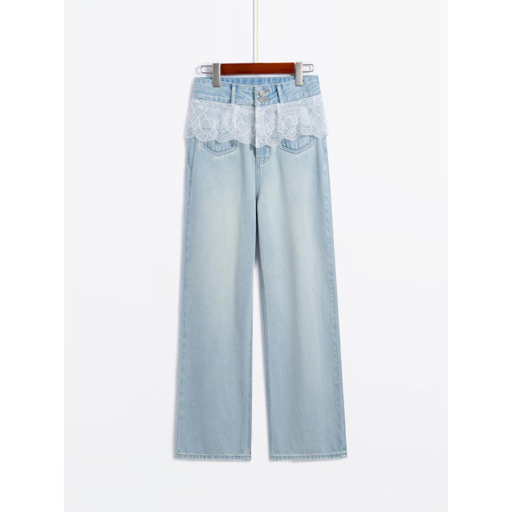 Pure Cotton Lace-Spliced High-Waisted Wide-Leg Jeans - 2026 Spring/Summer Loose Fit Denim Pants XS