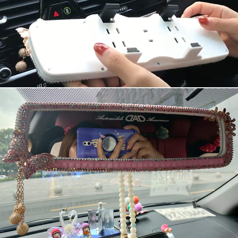 HIGHAWK Rearview Mirror with Artificial Sparkling Design for Car Interior Mirror Decoration with Diamonds, Women, (Silver Butterfly)