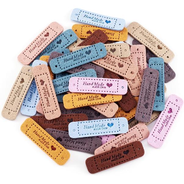 Cheriswelry 54pcs Microfiber Leather Labels 9 Color Rectangle Word Handmade & Love Cloth Labels Art Woven Tag Knitting Fashion Garment Sewing Label