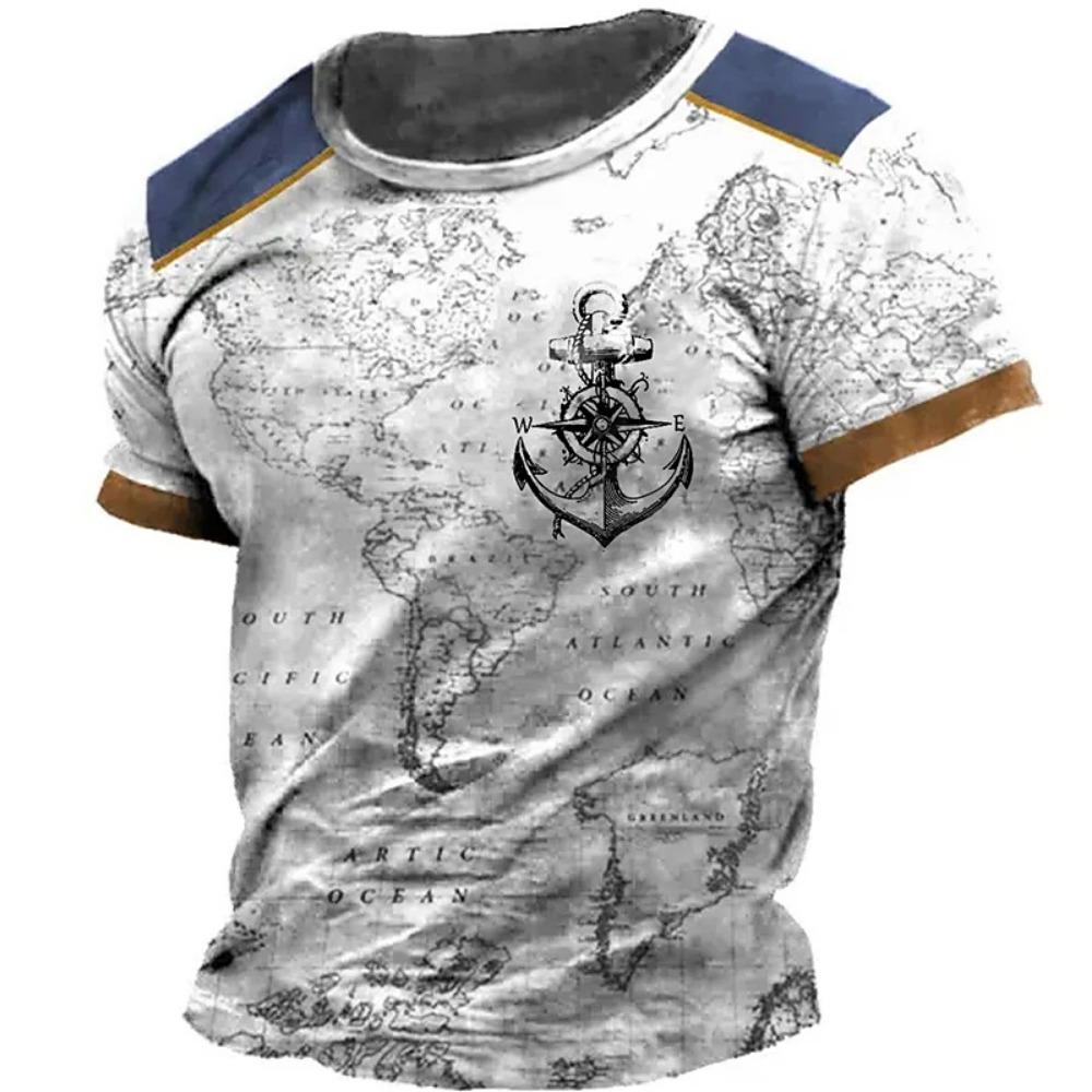 New Vintage T -Shirt Men's Summer Short -Sleeved Navigation Compass 3d Print Fashion British Men's Clothing Streetwear