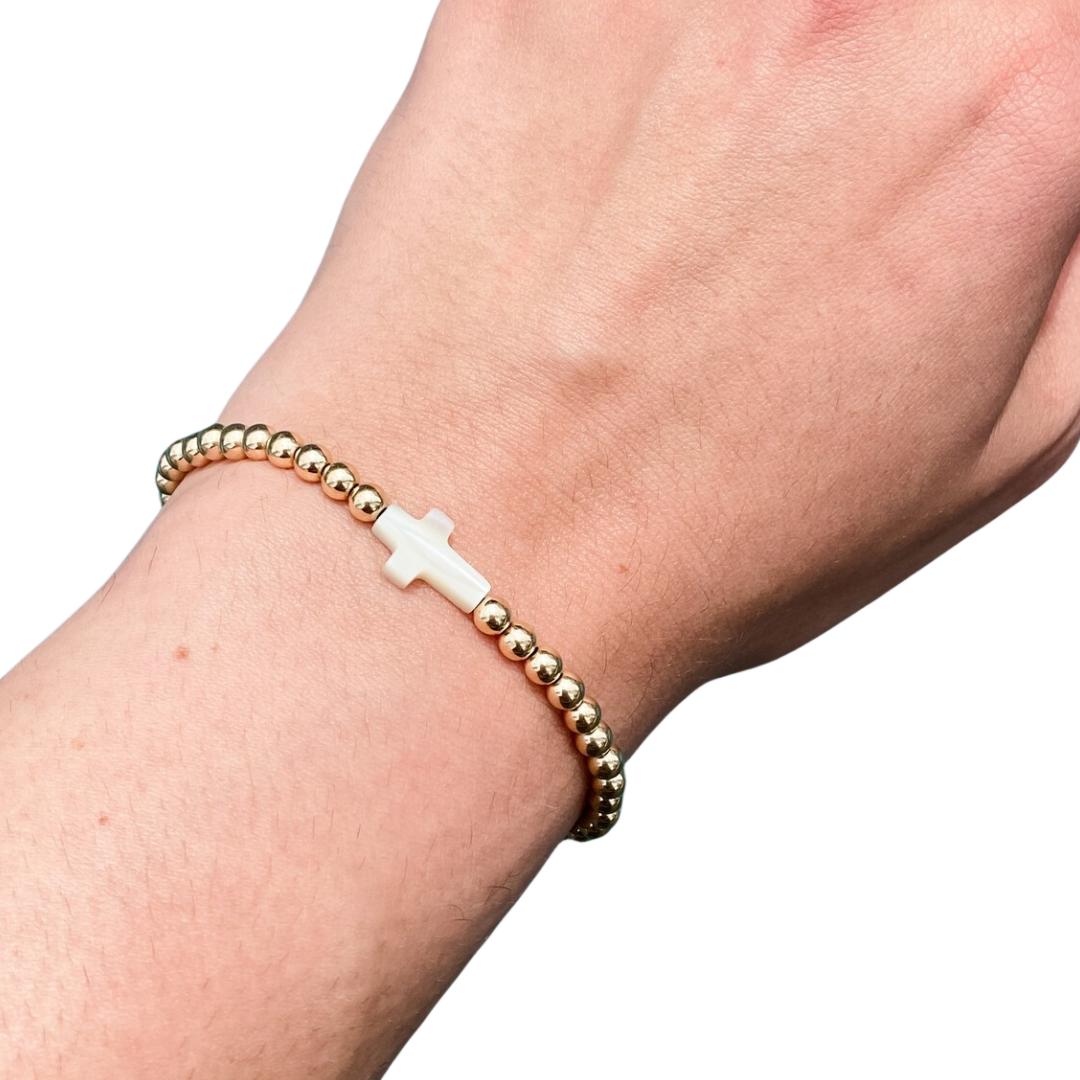 

Vlen Shell Cross Charm Bracelet for Women Stretchy Jewelry Gold Plated 18 K Beads Bracelets Dainty Pulseras Femme