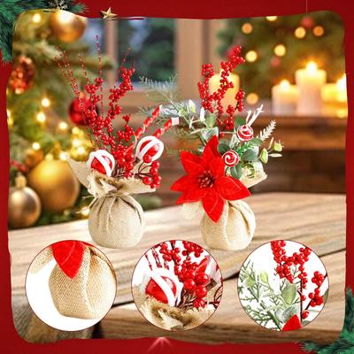Desktop Xmas Tree Decoration with Red Berries and Burlap Base Mini Christmas Decor for Home Office Party