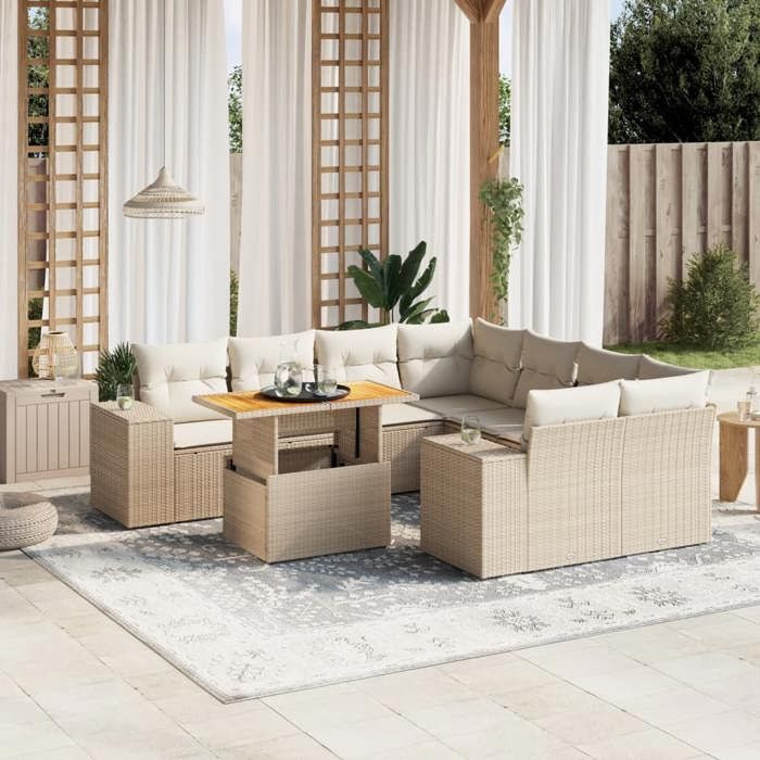 VidaXL Salon de Jardin avec Coussins 9 pcs, Canapés de Terrasse, Ensemble de Meubles de Patio, Mobilier d'Extérieur, Beige 3272563