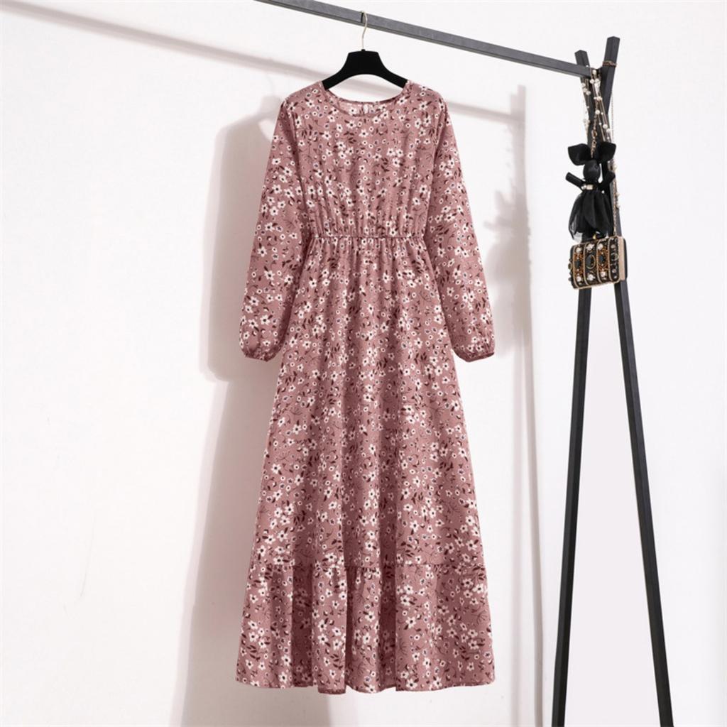 Printed Midi Waist Four Color Temperament Commuters Four Side Stretch Printed Unpadded Long Dress Dresses