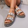 Women's Plus Size Summer Platform Chunky Sole Color Block Rhinestone Double Buckle Cork One Strap Slide Sandals