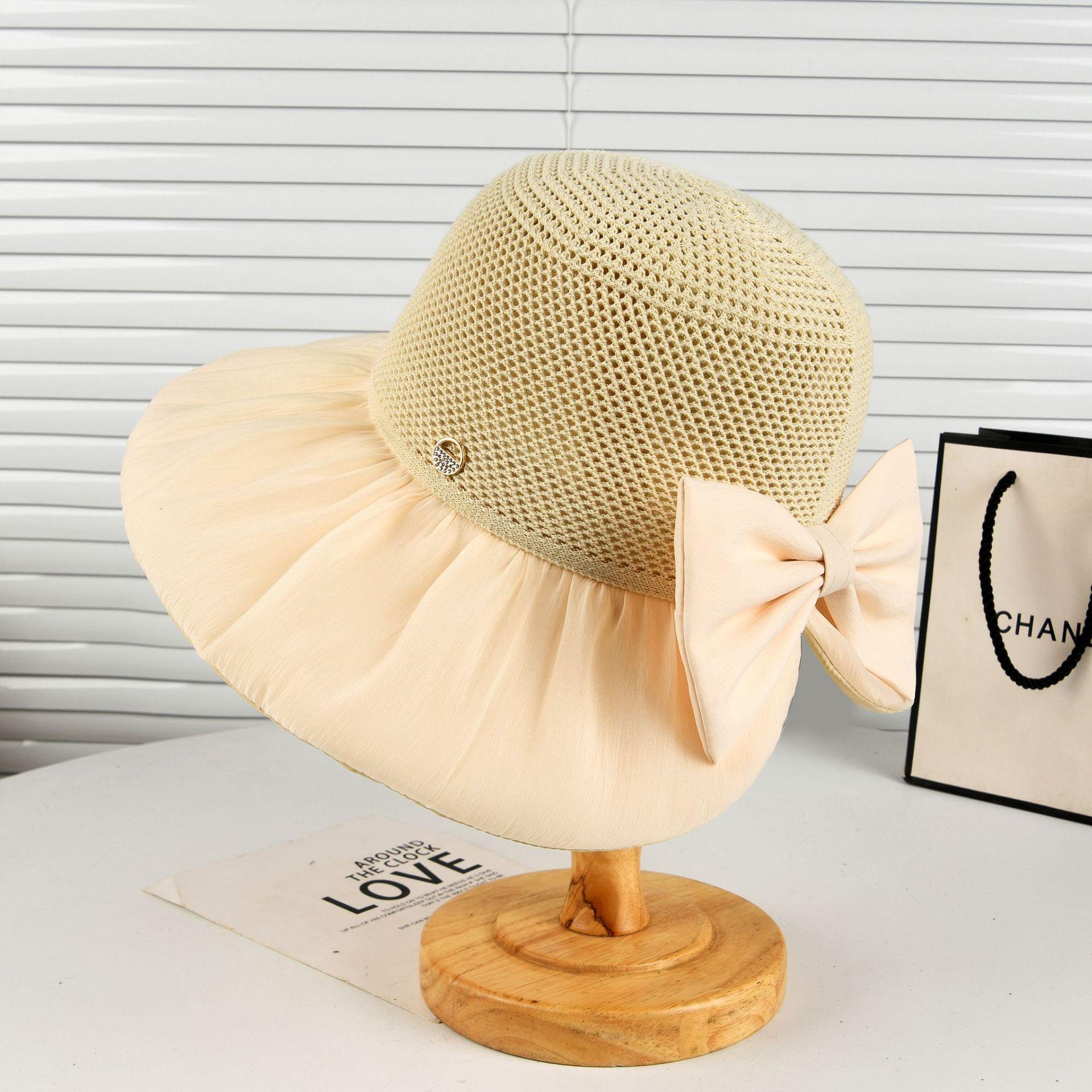 

Spring and summer new sun hat splicing knitted bucket hat travel sun shade beach hat windproof Korean version bow can be folded M（56-58cm） бежевый