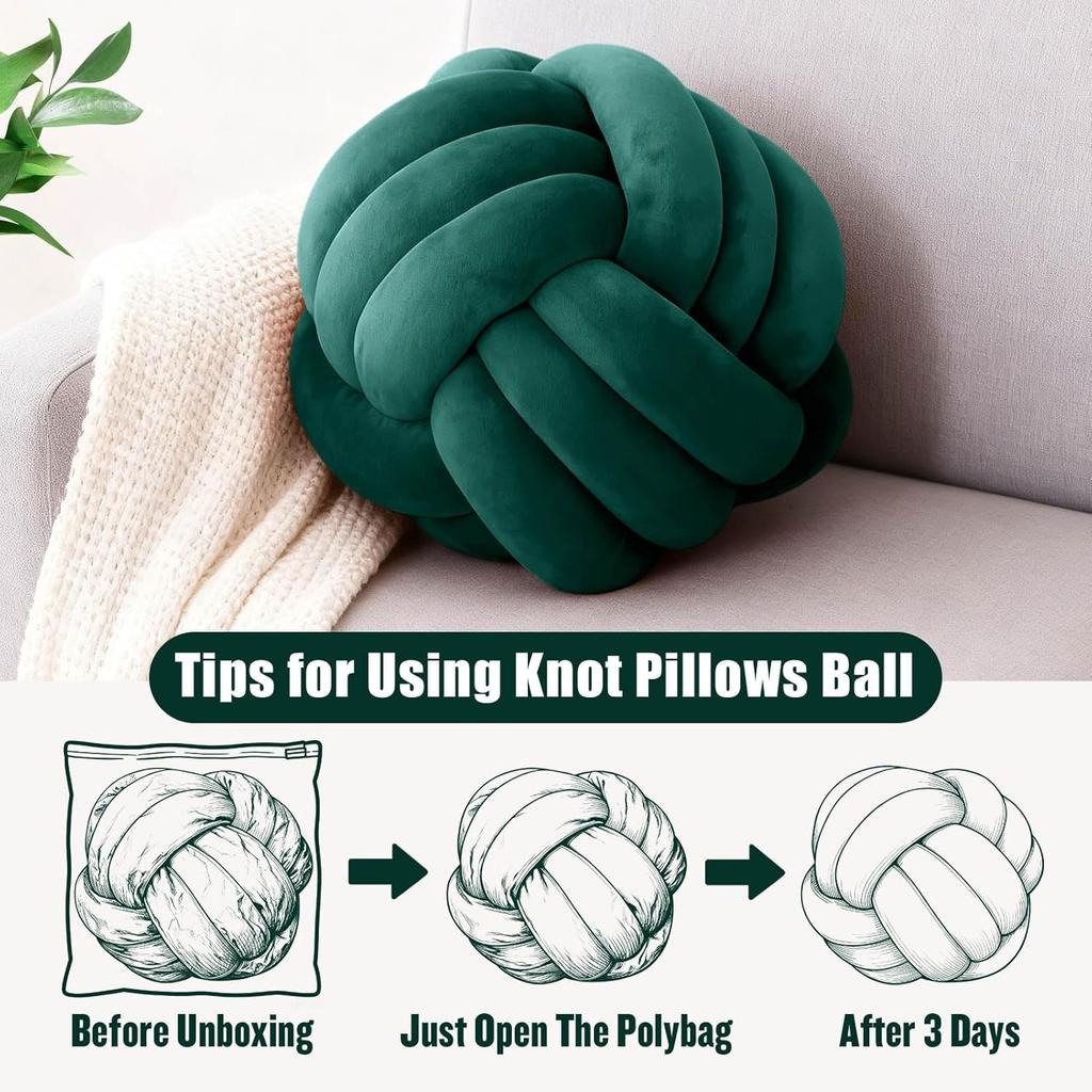 Dark Green 8.6 Inches Knot Pillow Ball, Round Soft Handmade Knotted Ball Pillow Plush Cushion Home Decor, Knotted Plush Pillow Cushion, for Bedroom,