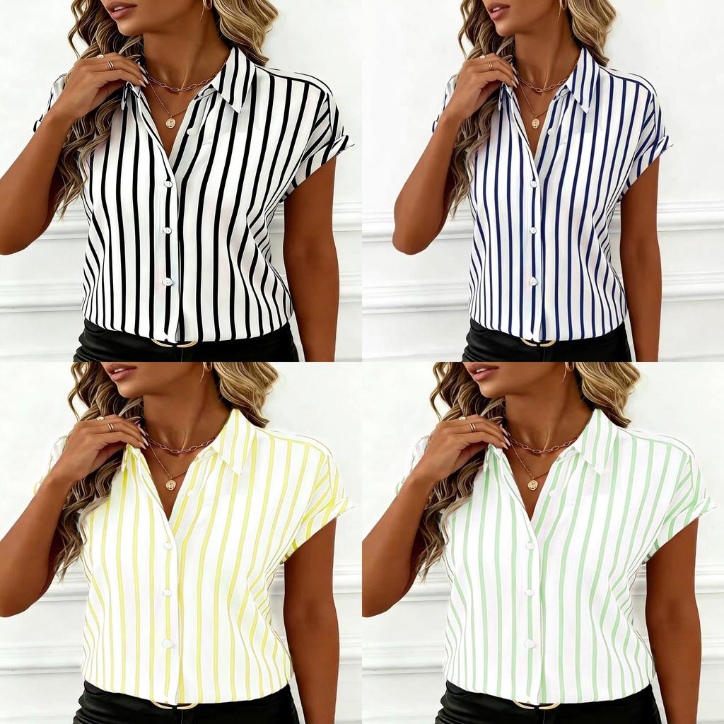 Striped Blouse For Women With Polyester Fabric Short Sleeve Office Style For Spring 2026