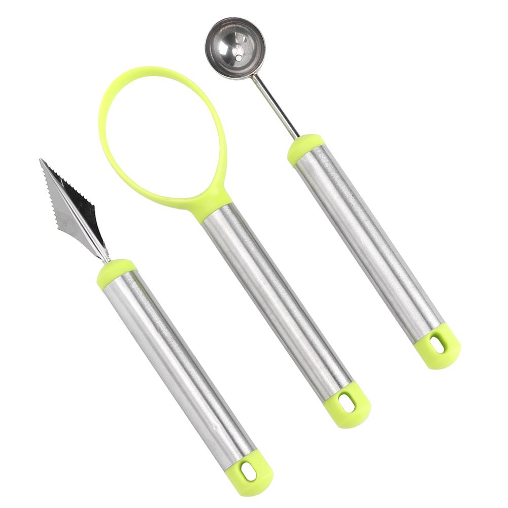3pcs Multi Function Fruit Carving Device Wat Melon Scoop Melon Digg  Fruit Pulp   Removal Tool(3pcs Set GreenSilv )
