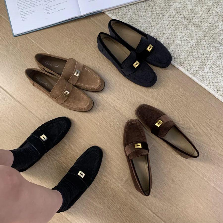 Fashion Bailamos 2024 New Brand Women Flat Shoes Fashion Round Toe Flat Heel Slip On Laofer Shoes Casual Outdoor Gold Buckle Ballerinas