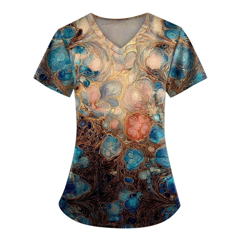 Plus Size Printed Scrub Working Uniform Tops For Women's V-Neck Print Short Sleeve Fun T-Shirts Workwear Tee With Pockets