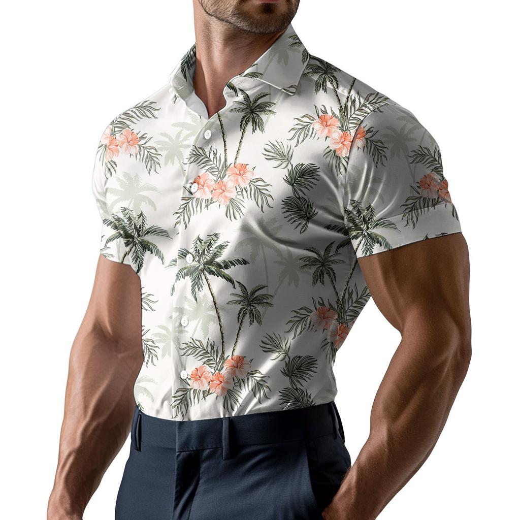 Men's Fashion Printed Satin Short Sleeve Shirt Top