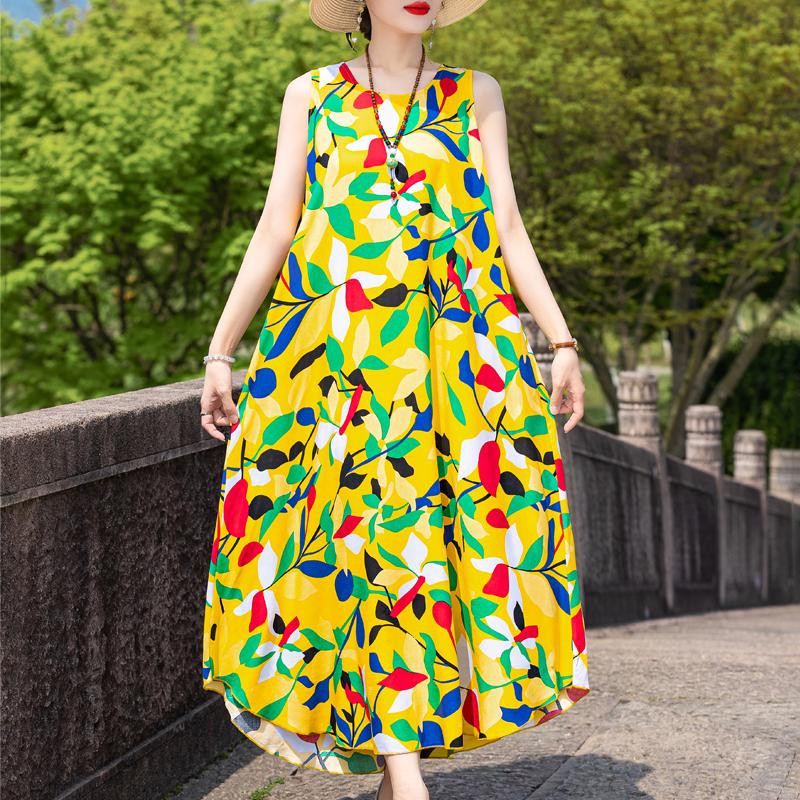 Elegant Sleeveless Dress Summer Fashion Casual Loose Vintage Print Long Dresses for Women Summer Clothes
