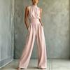 Europa e America estate 2026 tuta senza maniche con collo semi-alto a gamba larga da donna tinta unita casual moda pantaloni