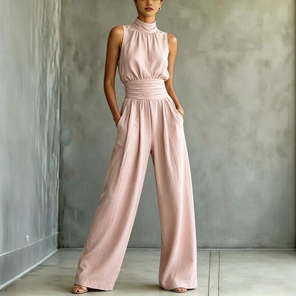 Europa e America estate 2026 tuta senza maniche con collo semi-alto a gamba larga da donna tinta unita casual moda pantaloni