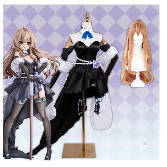 Anime Tiger×Dragon Aisaka Taiga Cosplay Black Evening Dress Princess Skirt Plush Wrap Wig Woman Halloween Carnival Suit