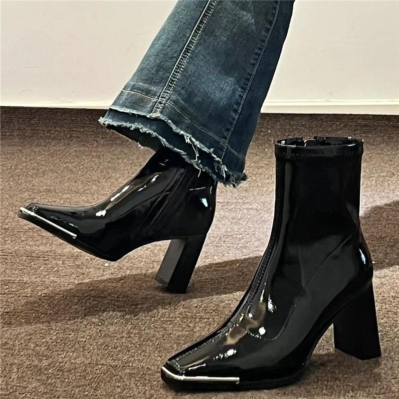 Fashion Short Boots Women's Autumn New Versatile Metal Square Toe Patent Leather Block Heel Short Tube Skinny High Heel Skinny Boots