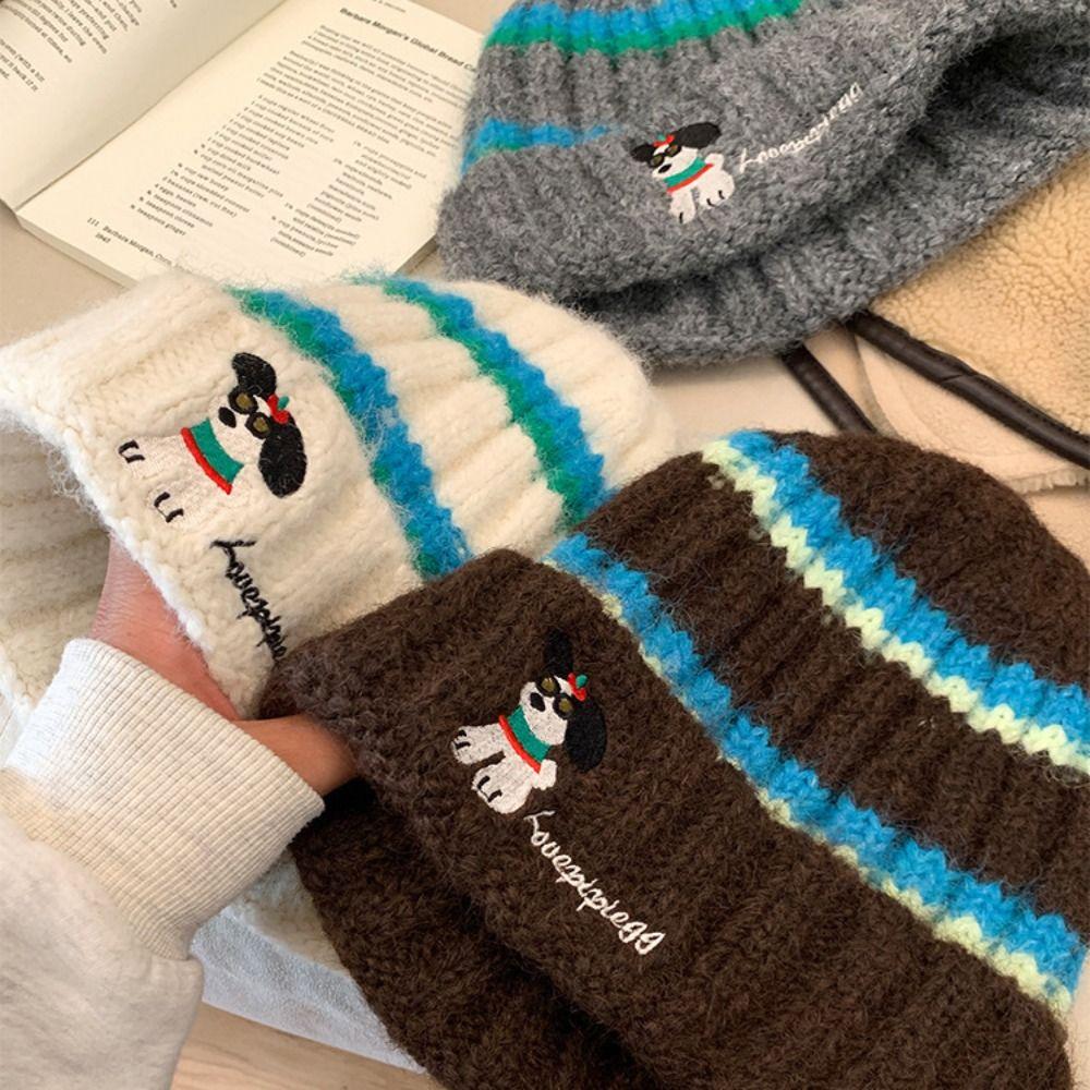 Puppy Embroidery Beanie Cap Winter Warm Crochet Bonnet Hat Cute Winter Knitted Hat Outdoors