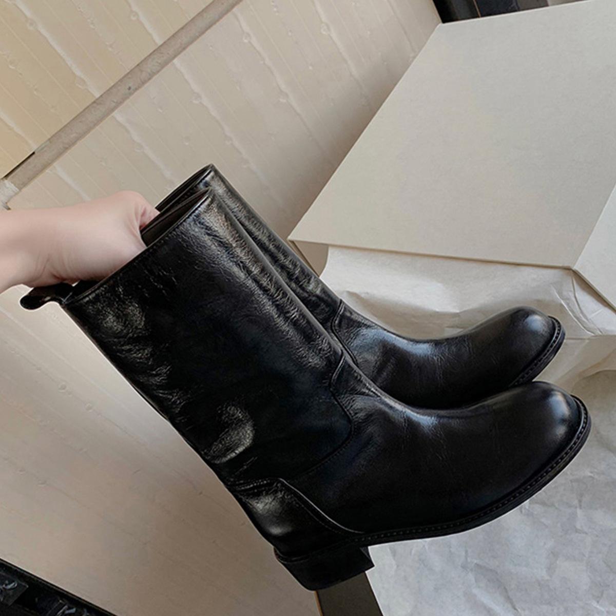 

Cowhide Edition~ Western Folded Medium Boots Women s Platform Martin Boots Premium Leather Thick Heel Straight Knight Boots 35