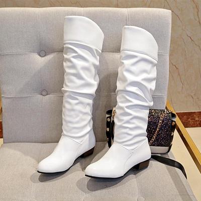Oversized Women's Shoes Autumn and Winter 2022 New Medium Heel Women's Riding Boots Europe and America Solid Color Pleated High Leather Boots