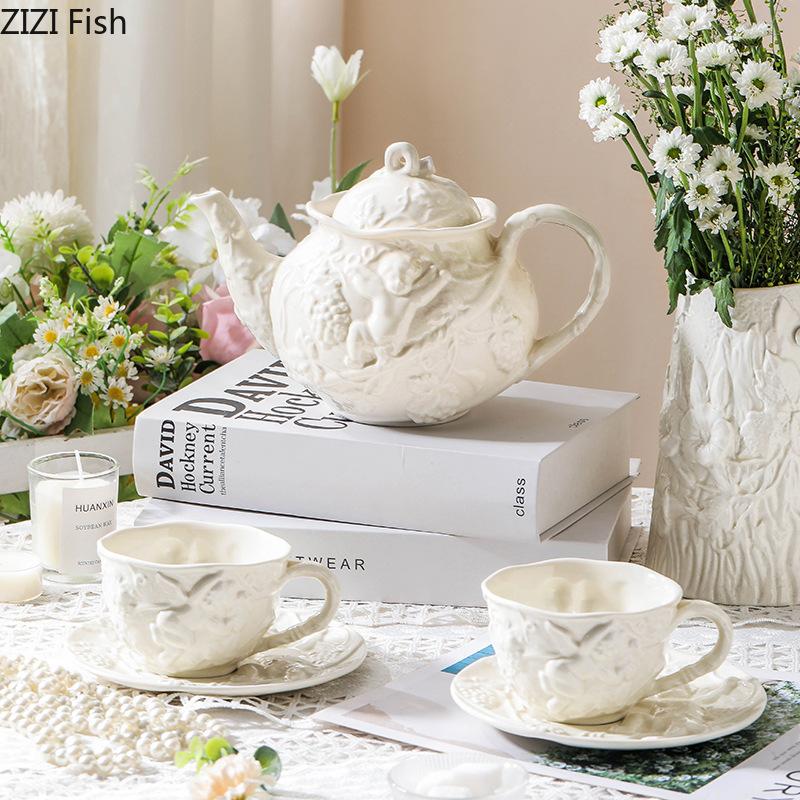 Emboss Ceramic Teapot Black Tea Cup Saucers Set Retro Afternoon Tea Coffee Cup Saucer Couple Cup Set Home Creative Drinkware Mug