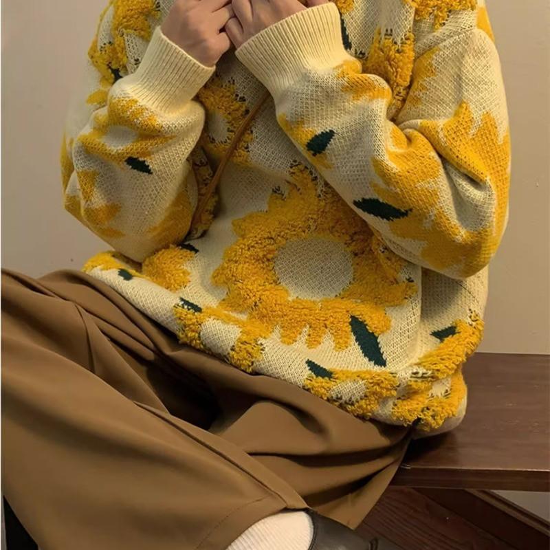 Unisex Retro Slunečnicový Sametový Pletený Svetr Volný Střih Dlouhý Rukáv Pulovr Pro Dospívající Ležérní Zimní Oblečení