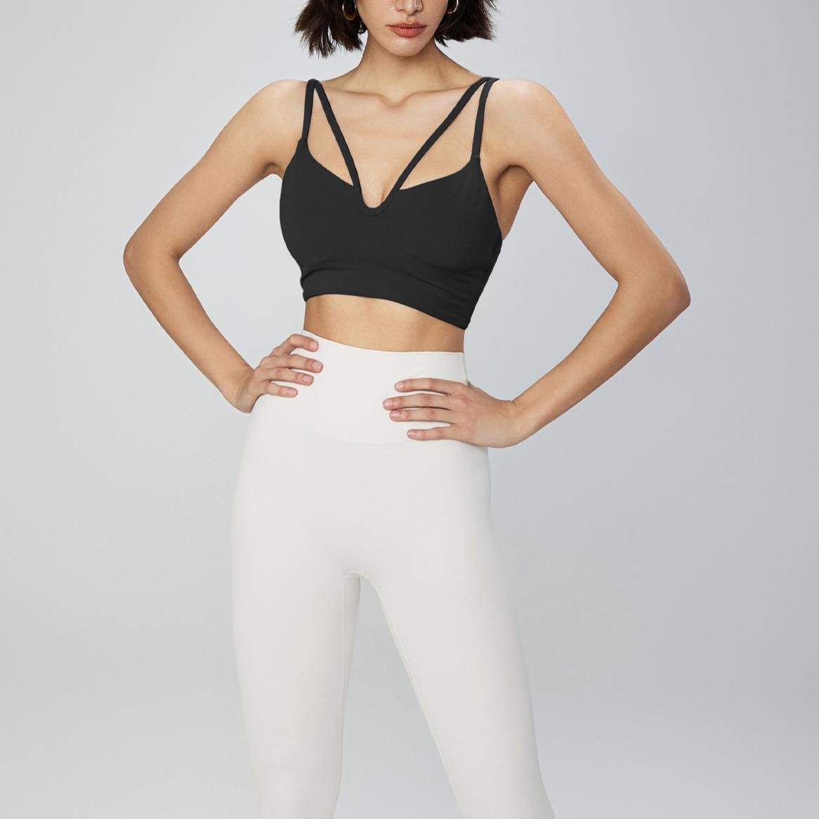 

Женский удобный спортивный бюстгальтер с двумя лямками для йоги, спортивный бюстгальтер с V-образным вырезом и жилетом для фитнеса 4 чёрный