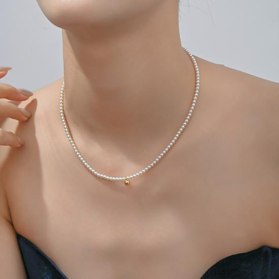 Elegant French Minimalist Pearl & Crystal Necklace - Delicate Gold Bean Chain for Everyday Wear by Women