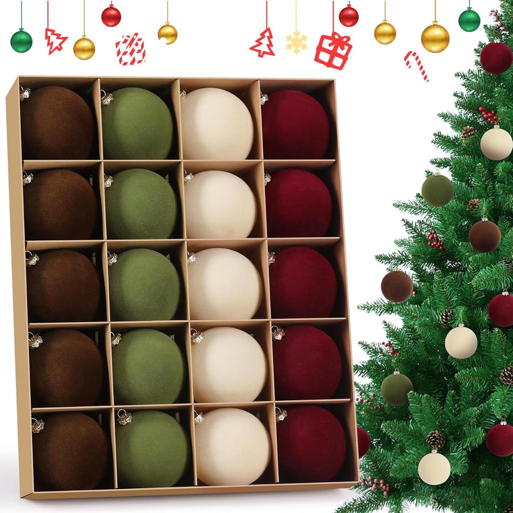 20-Pack Flocked Velvet Christmas Ornaments, 3.15' Shatterproof Holiday Tree Baubles, Mixed Color