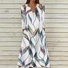 Women's Summer Casual V-Neck Button Retro Geometric Print Three-quarter Sleeve Long Dress With Pockets