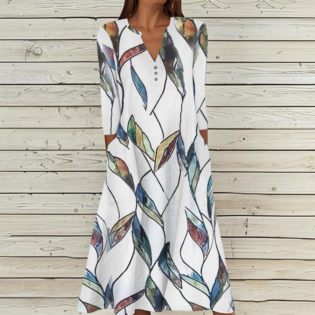 Women's Summer Casual V-Neck Button Retro Geometric Print Three-quarter Sleeve Long Dress With Pockets