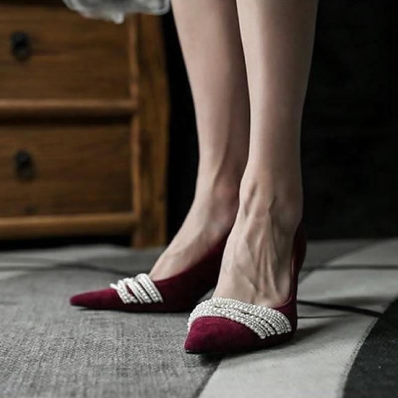 French Single Shoes Women's 2025 Autumn Niche Pearls Shallow Mouth Pointed High Heels Stilettos Fashion All-match Personality