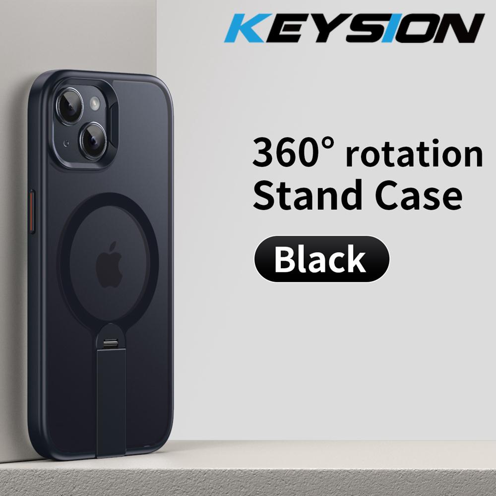 

KEYSION 360 Скрытая металлическая подставка Магнитный чехол для Magsafe для iPhone 13 14 15 Pro Max 15 Plus Прозрачный матовый противоударный чехол для телефона for iPhone 15 чёрный