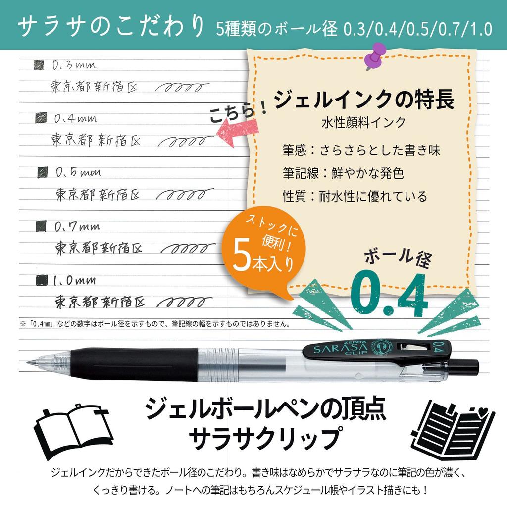 Zebra Sarasa Clip Gel Ballpoint 5 Pen, 0.4mm, Black, Pens, P-JJS15-BK5