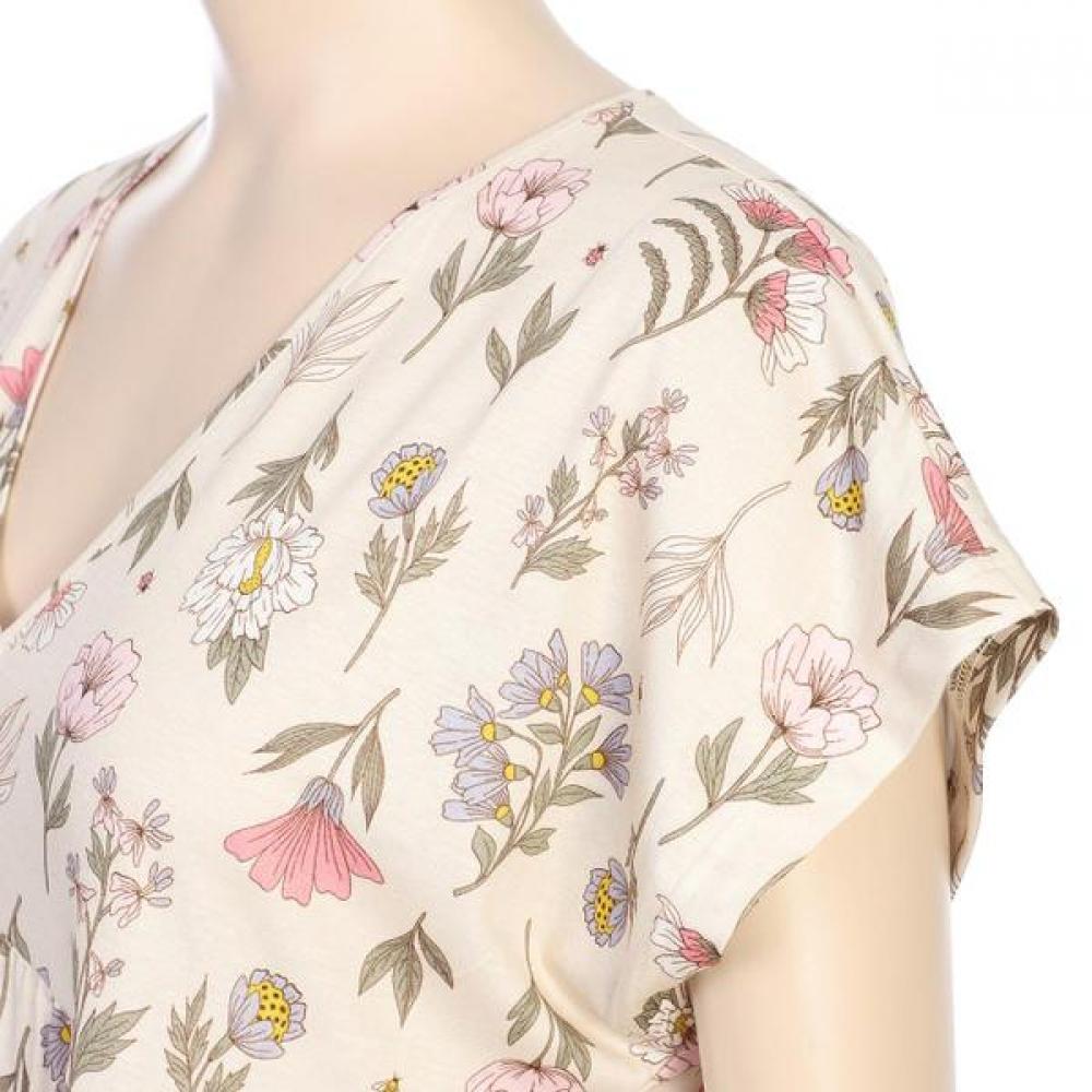 Beige Flower Cool Cotton Modal Short Sleeve Easy Dress  Ggw1033l 