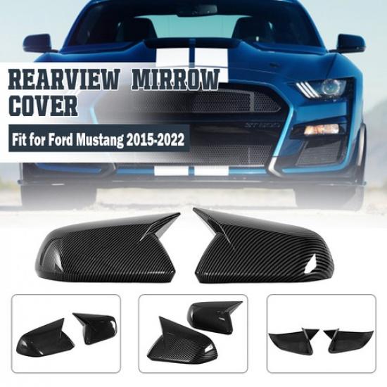 Carbon Fiber BLK Rearview Side Mirror Cover Horn Style For Ford Mustang 15-22