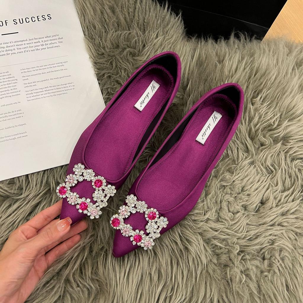 Sheepskin Version~ Invisible Inner Height Increase 5CM Flat-soled Single Shoes Women's 2025 Spring Temperament Pointed Rhinestone Square Buckle M