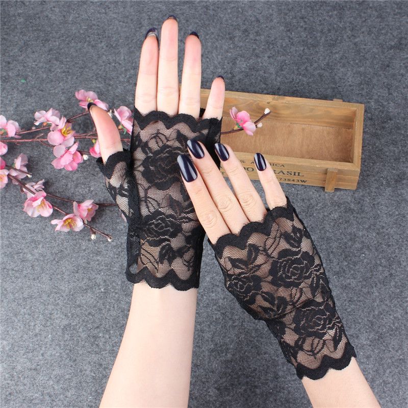 

Half Finger Lace Gloves Women s Thin Short Spring & Fall Exposed Half Sexy White and Black Scar Cover up Elegance Dancing Summer Sun Protection Black All yards