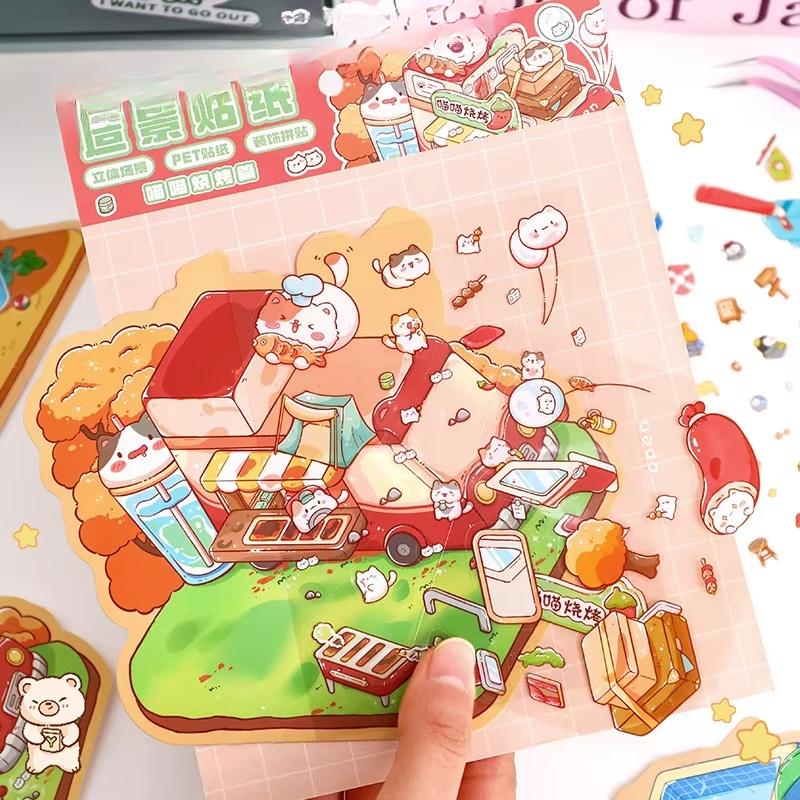 Cartoon Food Street Landscape Sticker Cabin Scene DIY Toy Game Sticker Festival Birthday Gift for Kids Girls and Children