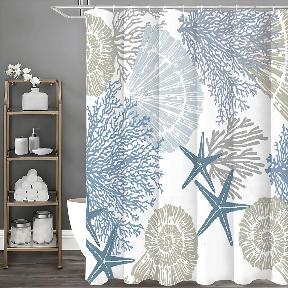 Modern Geometric Shell Textured Ocean Blue Shower Curtain, Bathroom Decorative Shower Curtain, Waterproof Shower Curtain with Ho