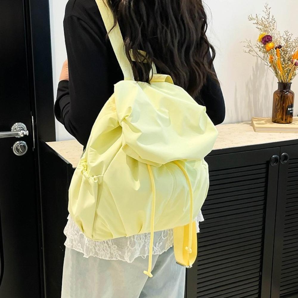 Pleated Nylon Backpack Solid Color Sports Shoulders Bag Casual Drawstring Backpack  College