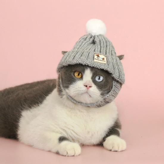 Knitted Dog Hat Cat Pompon Hat Winter Warm Hat with Ear Holes for Small
