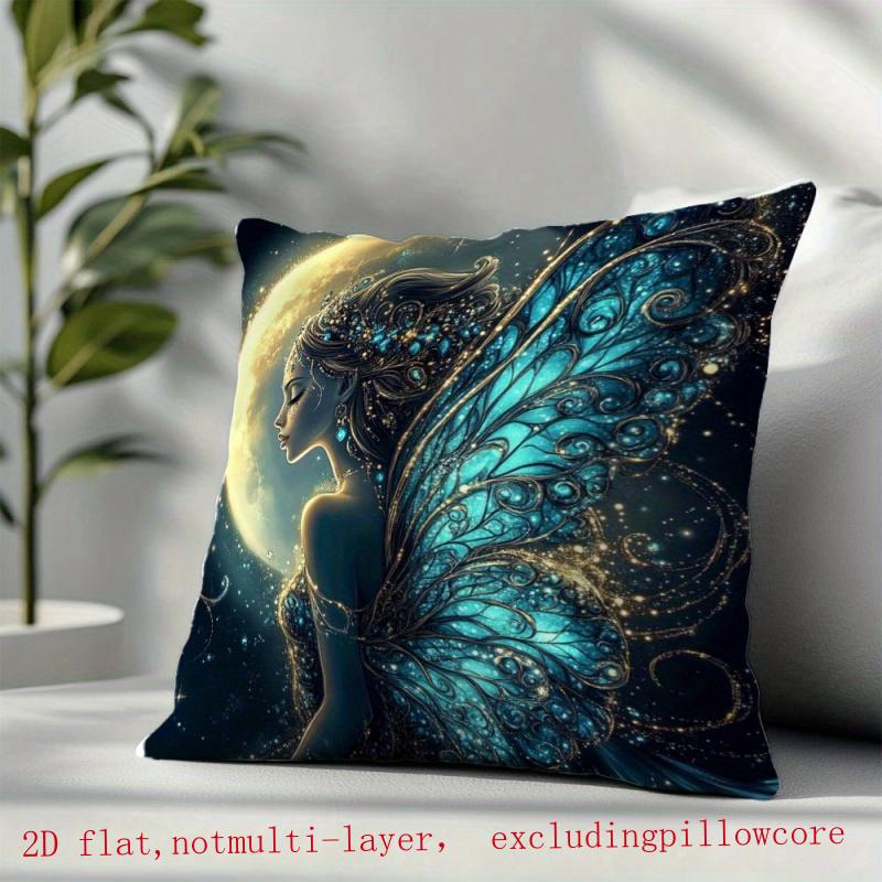 Blaue Feen-Kissenhülle Mondlicht-Fantasy-Kissenbezug mit leuchtenden Flügeln Mystische Heimdekoration