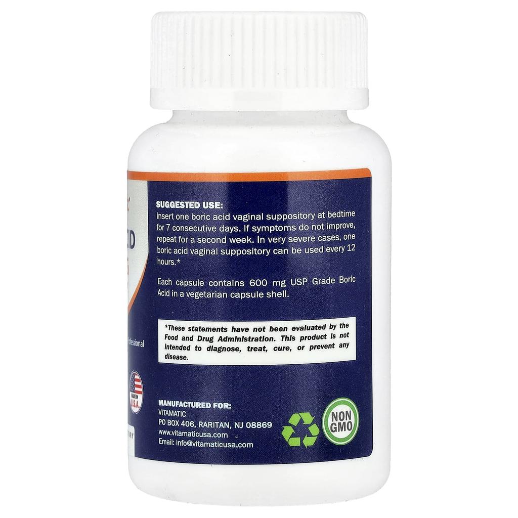 Vitamatic Boric Acid, 600mg, 60 Vaginal Suppositories